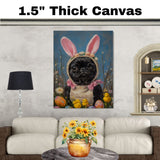 Cheerful Vibes: Black Pug Showing Off a Festive Easter Look on Ready to Hang 1.5" Thick Canvas Wrap, Floating Framed Canvas, Flat Rolled Canvas