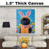 Joyful Hops: Black Pug Sporting a Playful Easter Ensemble on Ready to Hang 1.5" Thick Canvas Wrap, Floating Framed Canvas, Flat Rolled Canvas