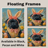 Sunny Celebrations: Black Pug Dressed in a Delightful Easter Costume on Decorative Canvas Wrap, Framed Print, or Rolled Artwork