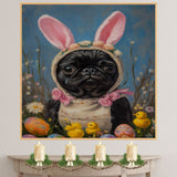 Cheerful Vibes: Black Pug Showing Off a Festive Easter Look on Ready to Hang 1.5" Thick Canvas Wrap, Floating Framed Canvas, Flat Rolled Canvas