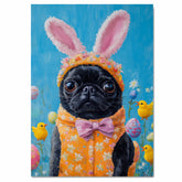 Joyful Hops: Black Pug Sporting a Playful Easter Ensemble on Ready to Hang 1.5" Thick Canvas Wrap, Floating Framed Canvas, Flat Rolled Canvas