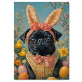 Sunny Celebrations: Black Pug Dressed in a Delightful Easter Costume on Decorative Canvas Wrap, Framed Print, or Rolled Artwork