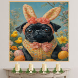 Sunny Celebrations: Black Pug Dressed in a Delightful Easter Costume on Decorative Canvas Wrap, Framed Print, or Rolled Artwork