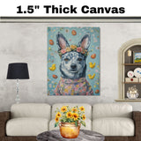 Festive Paws: Blue Heeler Showcasing a Cheerful Easter Look on High-Quality Canvas Wrap, Framed Print, or Rolled Artwork