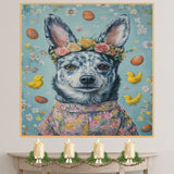 Festive Paws: Blue Heeler Showcasing a Cheerful Easter Look on High-Quality Canvas Wrap, Framed Print, or Rolled Artwork