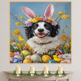 Hoppy Moments: Border Collie Showing Off a Charming Easter Ensemble on Decorative Canvas Wrap, Framed Print, or Rolled Artwork
