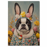 Hoppy Easter: Boston Terrier Showing Off a Playful Holiday Ensemble on Decorative Canvas Wrap, Framed Print, or Rolled Artwork