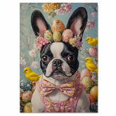 Festive Paws: Boston Terrier Sporting a Charming Springtime Look on High-Quality Canvas Wrap, Framed Print, or Rolled Artwork
