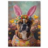 Easter Charm: Boxer Dog Posing in a Festive Spring Outfit on Artistic Canvas Wrap, Framed Print, or Rolled Artwork