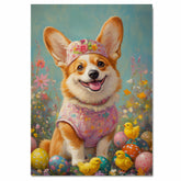 Corgi in Easter Outfit, Cute Pet Portrait for Spring Home Decor, Holiday Gifts for Dog Lovers, Dog Wall Art on Canvas Wrap, Framed Print, or Rolled Artwork