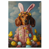 Dachshund in Easter Outfit, Cute Pet Portrait for Spring Home Decor, Holiday Gifts for Dog Lovers, Dog Wall Art on Canvas Wrap, Framed Print, or Rolled Artwork