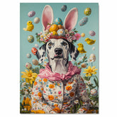 Dalmatian in Easter Outfit, Cute Pet Portrait for Spring Home Decor, Holiday Gifts for Dog Lovers, Dog Wall Art on Canvas Wrap, Framed Print, or Rolled Artwork