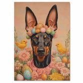 Doberman in Easter Outfit, Cute Pet Portrait for Spring Home Decor, Holiday Gifts for Dog Lovers, Dog Wall Art on Canvas Wrap, Framed Print, or Rolled Artwork