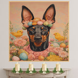 Doberman in Easter Outfit, Cute Pet Portrait for Spring Home Decor, Holiday Gifts for Dog Lovers, Dog Wall Art on Canvas Wrap, Framed Print, or Rolled Artwork