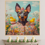 Doberman in Easter Costume, Cute Pet Portrait for Spring Home Decor, Holiday Gifts for Dog Lovers, Dog Wall Art on Canvas Wrap, Framed Print, or Rolled Artwork