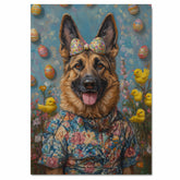 German Shepherd in Easter Outfit, Cute Pet Portrait for Spring Home Decor, Holiday Gifts for Dog Lovers, Dog Wall Art on Canvas Wrap, Framed Print, or Rolled Artwork