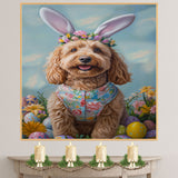 Goldendoodle in Easter Outfit, Cute Pet Portrait for Spring Home Decor, Holiday Gifts for Dog Lovers, Dog Wall Art on Canvas Wrap, Framed Print, or Rolled Artwork