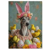 Greyhound in Easter Attire, Cute Pet Portrait for Spring Home Decor, Holiday Gifts for Dog Lovers, Dog Wall Art on Canvas Wrap, Framed Print, or Rolled Artwork