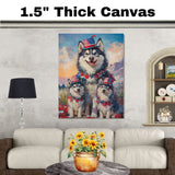 Alaskan Malamute Mom and Puppies in Patriotic Hats and Bows with Star Garland and Mountain Sunset Background on Ready to Hang 1.5" Thick Canvas Wrap, Floating Framed Canvas, Flat Rolled Canvas