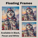 Alaskan Malamute Mom and Puppies in Patriotic Hats and Bows with Star Garland and Mountain Sunset Background on Ready to Hang 1.5" Thick Canvas Wrap, Floating Framed Canvas, Flat Rolled Canvas
