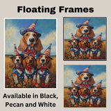 Basset Hound Mom and Puppies in Patriotic Outfits with Party Hats in Wildflower Field Under Blue Sky Oil Painting on Ready to Hang 1.5" Thick Canvas Wrap, Floating Framed Canvas, Flat Rolled Canvas