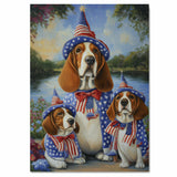 Basset Hound Mom and Puppies in Patriotic Hats and Bowties by a Lake in Wildflower Garden Oil Painting Print on Ready to Hang 1.5" Thick Canvas Wrap, Floating Framed Canvas, Flat Rolled Canvas