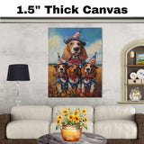 Basset Hound Mom and Puppies in Patriotic Outfits with Party Hats in Wildflower Field Under Blue Sky Oil Painting on Ready to Hang 1.5" Thick Canvas Wrap, Floating Framed Canvas, Flat Rolled Canvas