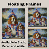 Basset Hound Mom and Puppies in Patriotic Hats and Bowties by a Lake in Wildflower Garden Oil Painting Print on Ready to Hang 1.5" Thick Canvas Wrap, Floating Framed Canvas, Flat Rolled Canvas
