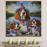 Basset Hound Mom and Puppies in Patriotic Hats and Bowties by a Lake in Wildflower Garden Oil Painting Print on Ready to Hang 1.5" Thick Canvas Wrap, Floating Framed Canvas, Flat Rolled Canvas