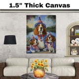 Basset Hound Mom and Puppies in Patriotic Hats and Bowties by a Lake in Wildflower Garden Oil Painting Print on Ready to Hang 1.5" Thick Canvas Wrap, Floating Framed Canvas, Flat Rolled Canvas