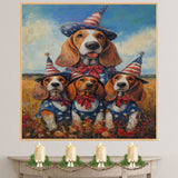 Basset Hound Mom and Puppies in Patriotic Outfits with Party Hats in Wildflower Field Under Blue Sky Oil Painting on Ready to Hang 1.5" Thick Canvas Wrap, Floating Framed Canvas, Flat Rolled Canvas