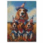 Basset Hound Mom and Puppies in Patriotic Outfits with Party Hats in Wildflower Field Under Blue Sky Oil Painting on Ready to Hang 1.5" Thick Canvas Wrap, Floating Framed Canvas, Flat Rolled Canvas