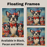 Boston Terrier Mother and Puppies in Patriotic Hats and Outfits with Bright Sky and Colorful Flower Field on Ready to Hang 1.5" Thick Canvas Wrap, Floating Framed Canvas, Flat Rolled Canvas