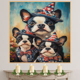Boston Terrier Mother with Three Puppies Wearing Starry Blue Hats and Red Bows in a Colorful Flower Field Portrait on Ready to Hang 1.5" Thick Canvas Wrap, Floating Framed Canvas, Flat Rolled Canvas