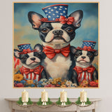 Boston Terrier Mother and Puppies in Patriotic Hats and Outfits with Bright Sky and Colorful Flower Field on Ready to Hang 1.5" Thick Canvas Wrap, Floating Framed Canvas, Flat Rolled Canvas