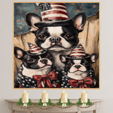 Boston Terrier Mother with Two Puppies in Patriotic Hats and Starry Outfits Against Rustic Americana Backdrop on Ready to Hang 1.5" Thick Canvas Wrap, Floating Framed Canvas, Flat Rolled Canvas