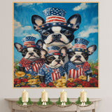 Boston Terrier Mother and Three Puppies in Red Star Hats and Bows with a Sunset Background and Colorful Flowers on Ready to Hang 1.5" Thick Canvas Wrap, Floating Framed Canvas, Flat Rolled Canvas