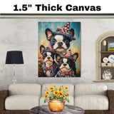 Boston Terrier Mother with Three Puppies Wearing Starry Blue Hats and Red Bows in a Colorful Flower Field Portrait on Ready to Hang 1.5" Thick Canvas Wrap, Floating Framed Canvas, Flat Rolled Canvas