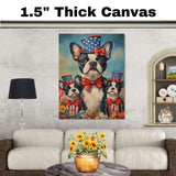 Boston Terrier Mother and Puppies in Patriotic Hats and Outfits with Bright Sky and Colorful Flower Field on Ready to Hang 1.5" Thick Canvas Wrap, Floating Framed Canvas, Flat Rolled Canvas