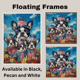 Boston Terrier Mother and Three Puppies in Red Star Hats and Bows with a Sunset Background and Colorful Flowers on Ready to Hang 1.5" Thick Canvas Wrap, Floating Framed Canvas, Flat Rolled Canvas