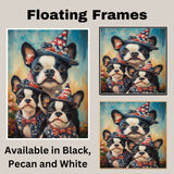 Boston Terrier Mother with Three Puppies Wearing Starry Blue Hats and Red Bows in a Colorful Flower Field Portrait on Ready to Hang 1.5" Thick Canvas Wrap, Floating Framed Canvas, Flat Rolled Canvas