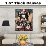 Boston Terrier Mother with Two Puppies in Patriotic Hats and Starry Outfits Against Rustic Americana Backdrop on Ready to Hang 1.5" Thick Canvas Wrap, Floating Framed Canvas, Flat Rolled Canvas