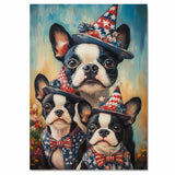 Boston Terrier Mother with Three Puppies Wearing Starry Blue Hats and Red Bows in a Colorful Flower Field Portrait on Ready to Hang 1.5" Thick Canvas Wrap, Floating Framed Canvas, Flat Rolled Canvas