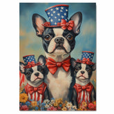 Boston Terrier Mother and Puppies in Patriotic Hats and Outfits with Bright Sky and Colorful Flower Field on Ready to Hang 1.5" Thick Canvas Wrap, Floating Framed Canvas, Flat Rolled Canvas