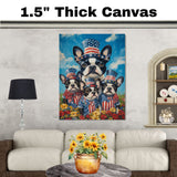 Boston Terrier Mother and Three Puppies in Red Star Hats and Bows with a Sunset Background and Colorful Flowers on Ready to Hang 1.5" Thick Canvas Wrap, Floating Framed Canvas, Flat Rolled Canvas
