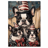 Boston Terrier Mother with Two Puppies in Patriotic Hats and Starry Outfits Against Rustic Americana Backdrop on Ready to Hang 1.5" Thick Canvas Wrap, Floating Framed Canvas, Flat Rolled Canvas