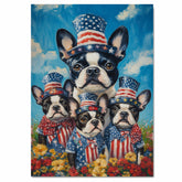 Boston Terrier Mother and Three Puppies in Red Star Hats and Bows with a Sunset Background and Colorful Flowers on Ready to Hang 1.5" Thick Canvas Wrap, Floating Framed Canvas, Flat Rolled Canvas