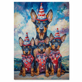 Mother Doberman Pinscher with Three Puppies in Patriotic Outfits and Hats on Ready to Hang 1.5" Thick Canvas Wrap, Floating Framed Canvas, Flat Rolled Canvas