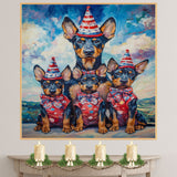 Mother Doberman Pinscher with Three Puppies in Patriotic Outfits and Hats on Ready to Hang 1.5" Thick Canvas Wrap, Floating Framed Canvas, Flat Rolled Canvas