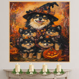 Finnish Lapphund Dog Family Halloween Canvas Wall Art with Pumpkins Rustic Fall Accent for Cozy Autumn Homes on Ready to Hang 1.5" Thick Canvas Wrap, Floating Framed Canvas, Flat Rolled Canvas